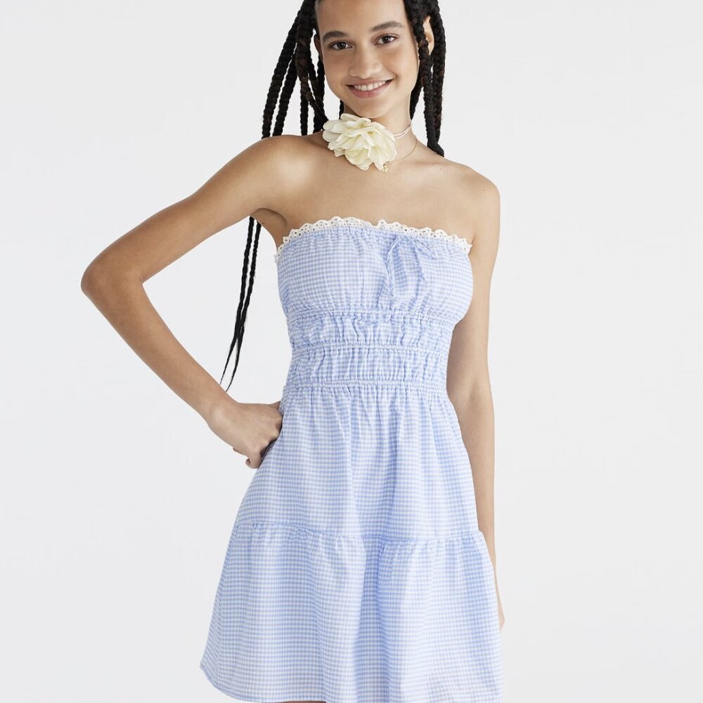 Gingham Strapless Fit & Flare Dress XXS | AEROPOSTALE